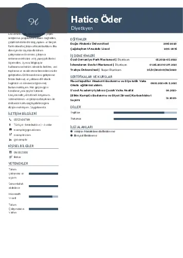 Beslenme Uzmanı Diyetisyen CV Örnekleri cv indir